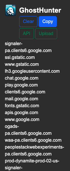 GhostHunter with Copy button highlighted showing one-click domain list export